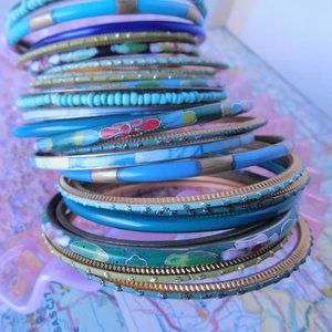 stacking BANGLE bracelet set blues greens shell glass mixed lot